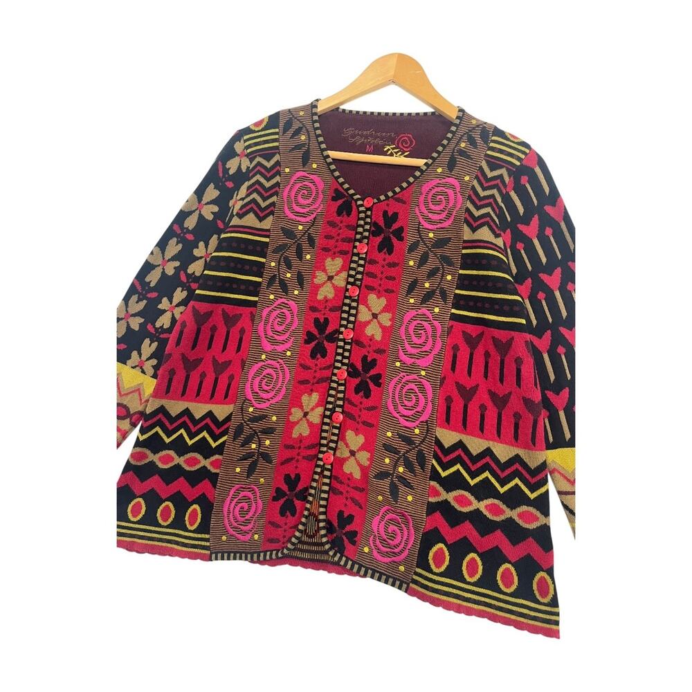 Gudrun Sjoden Cardigan Sweater Womens Medium Red Floral Boho Artsy Ladenlook - Picture 5 of 10
